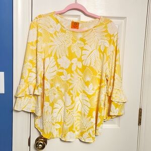 Ruby Rd xl petite..EXCELLENT CON. golden yellow textured ruffled sleeve top.
